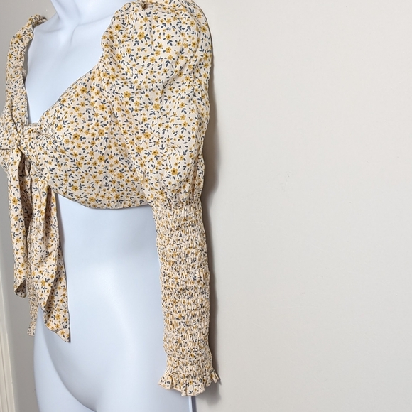 Love Tree Floral Puff Long Sleeve Tie Front Crop Top Ivory Yellow Cottagecore - Picture 8 of 11